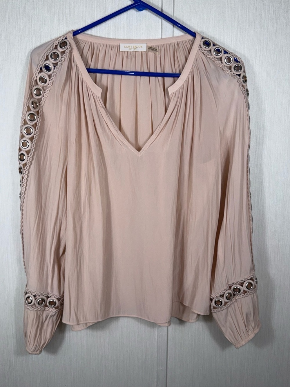 Ramy Brook Soft Blush V-Neck Eyelet Trim Peasant Blouse